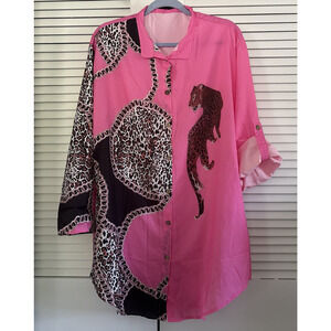 Hot Pink Tiger Print Button Up Shirt Top Tunic Womens XL Roll Tab Sleeve